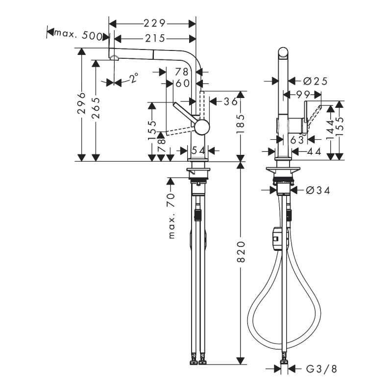 Hansgrohe TALIS M54 смеситель для кухни, однорычажный, 270, 1jet, Eco, с выдвижным изливом, цвет хром, (72845000)
