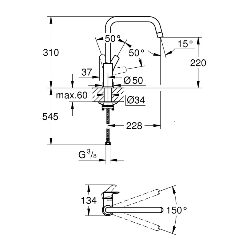 Grohe EUROSMART смеситель для кухни однорычажный, U-излив, цвет черный матовый, (305672430)