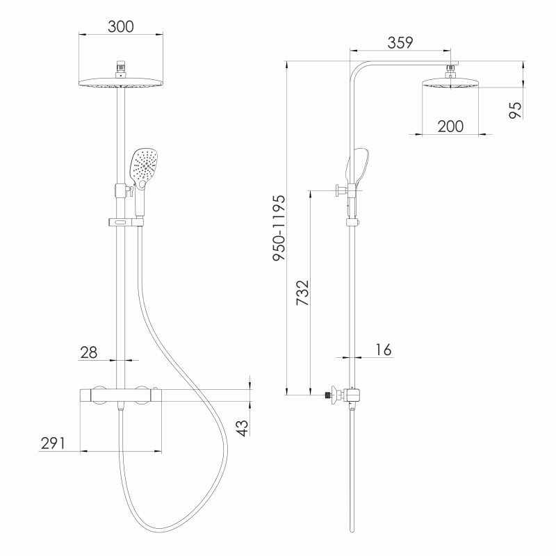 VOLLE SISTEMA D система душова (C, термостат для душа, душ 300*200 мм, лійка 3 режими, шланг 1500 мм PVC), cromo, (1599.090101)