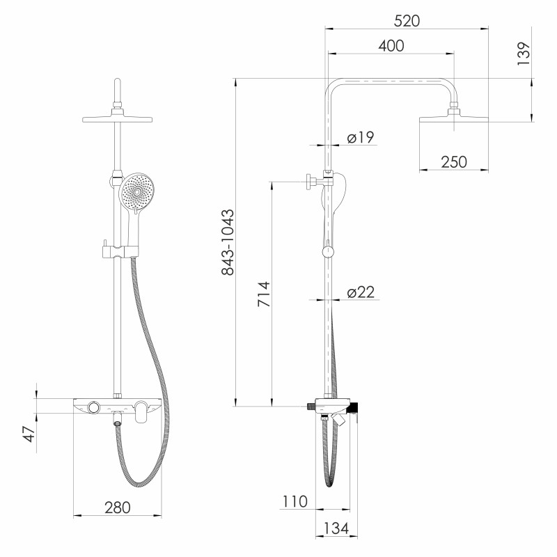 IMPRESE MODUS D система душова (змішувач для душа, душ d250 мм, лійка 3 режими, шланг 1500 мм PVC), хром, (t030B08201SQ)