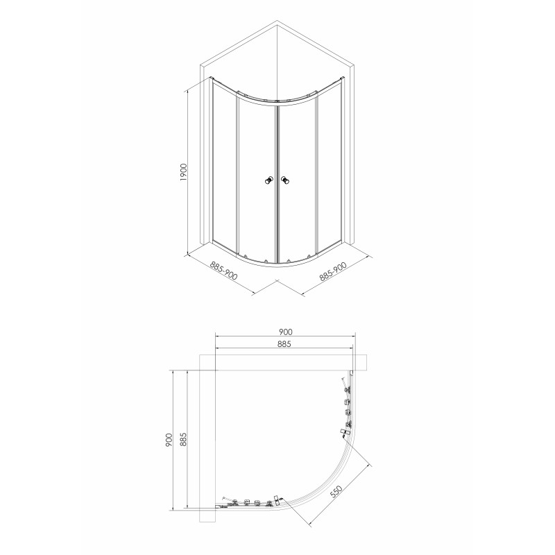 EGER OZALA CC душевая кабина 90*90*190см, полукруглая, раздвижная, профиль хром, стекло прозрачное, (599-514)