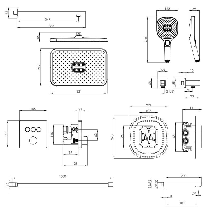 IMPRESE BILOVEC Click система душова прихованого монтажу (термостат 3 функції, душ 320*210 мм ABS, лійка 3 режими, вилив, шланг 1500 мм PVC), чорний матовий, (t04800910SBC)