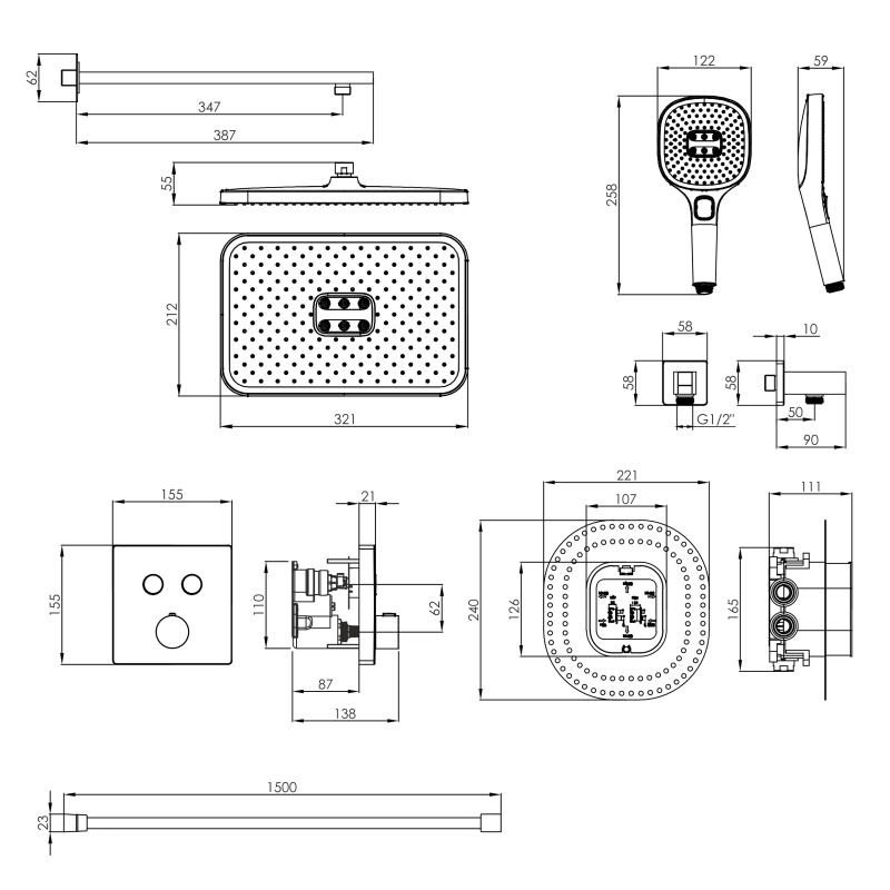 IMPRESE BILOVEC Click система душова прихованого монтажу (термостат 2 функції, душ 320*210 мм ABS, лійка 3 режими, шланг 1500 мм PVC), хром, (t04800901SAC)