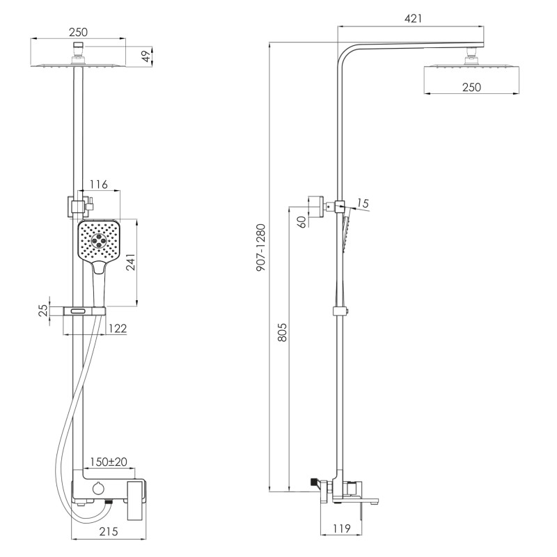 IMPRESE VIOLIK система душова (змішувач для ванни, душ 250*250 мм ABS, лійка 3 режими, шланг 1700 мм PVC), чорний матовий, (t030B10810SQ)