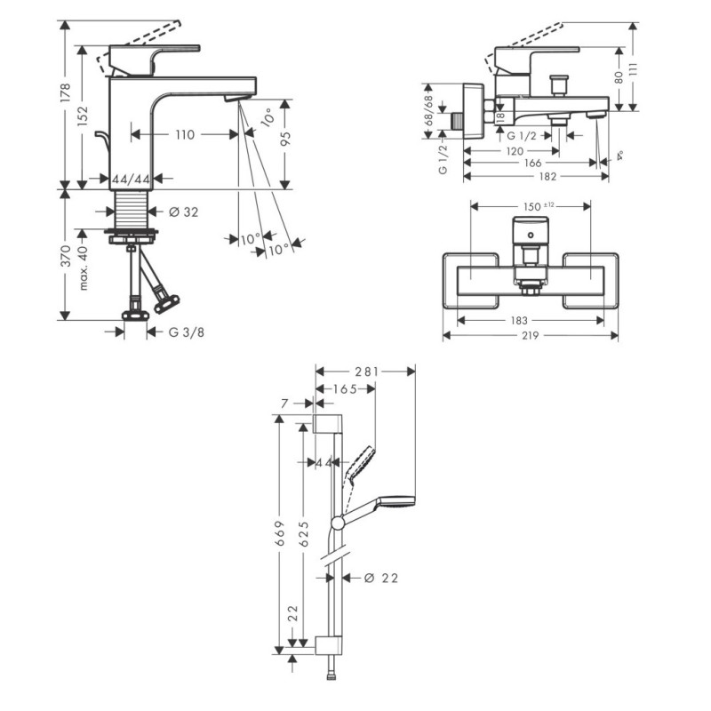 Hansgrohe VERNIS SHAPE набор смесителей для ванны, раковина 100 (71561000+71450000+26533400), (71561111)