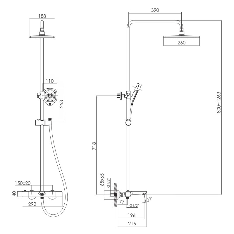 IMPRESE BILOVEC система душова (термостат для ванни, душ 260*188 мм ABS, лійка 3 режими, шланг 1700 мм PVC), хром, (t048B00901SQ)
