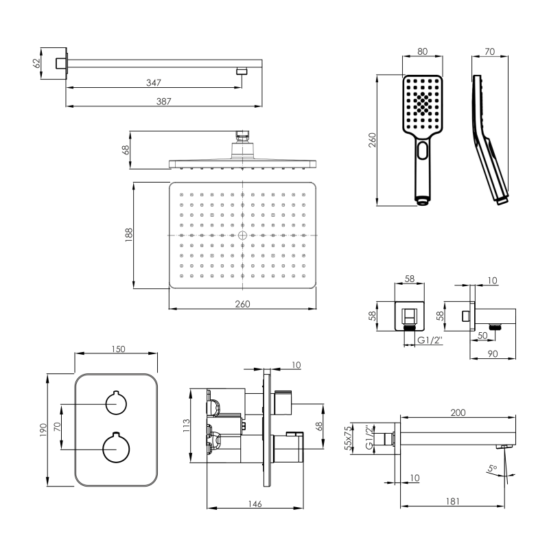 IMPRESE BILOVEC система душова прихованого монтажу (термостат 3 функції, душ 260*188 мм ABS, лійка 3 режими, вилив, шланг 1500 мм PVC), хром, (t04800901STC)