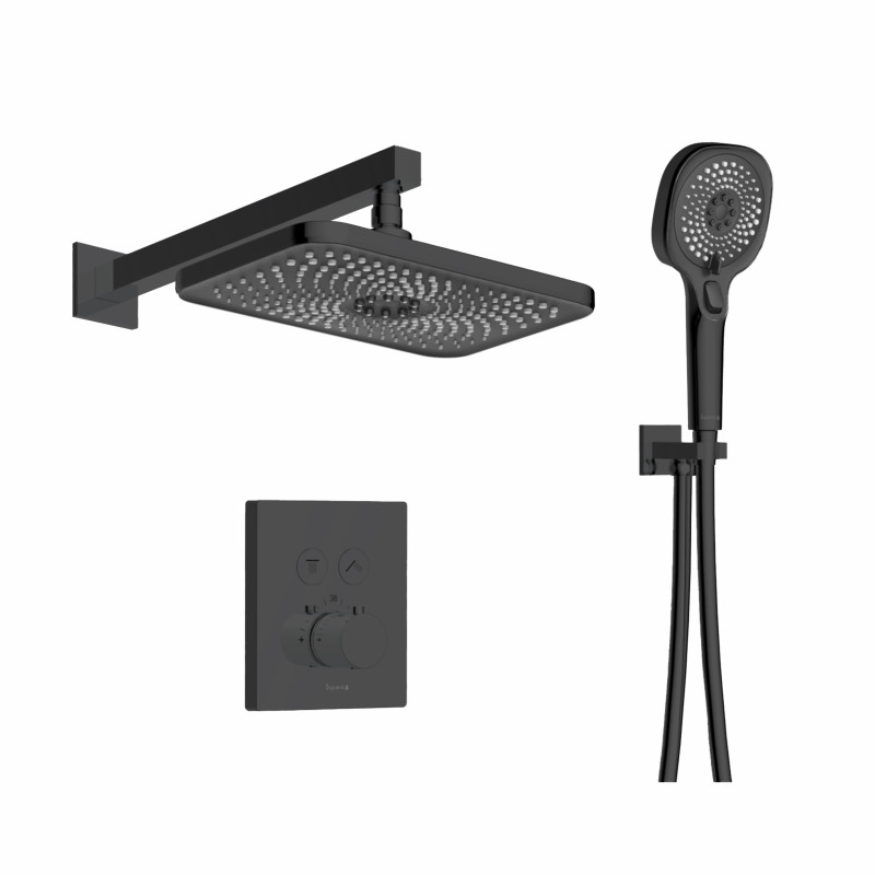 IMPRESE CENTRUM EQ система душова прихованого монтажу (термостат 2 функції,кнопки перемикання,душ 280*190мм ABS,лійка 3 режими,шланг 1500ммPVC),чорний матовий, (V-10301EQ)