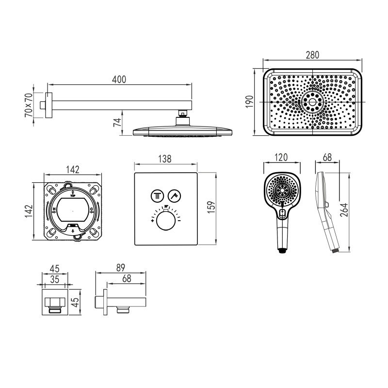 IMPRESE CENTRUM EQ система душова прихованого монтажу (термостат 2 функції, кнопки перемикання, душ 280*190 мм ABS, лійка 3 режими, шланг 1500 мм PVC), хром, (V-10300EQ)