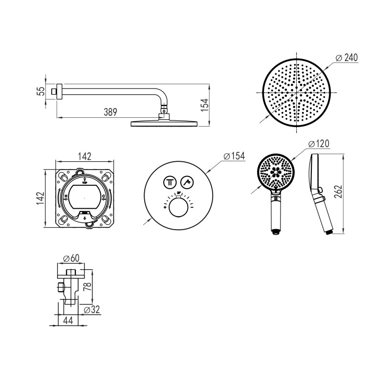 IMPRESE CENTRUM ER система душова прихованого монтажу (термостат 2 функції, кнопки перемикання, душ d240 мм ABS, лійка 3 режими, шланг 1500 мм PVC), хром, (V-10260ER)
