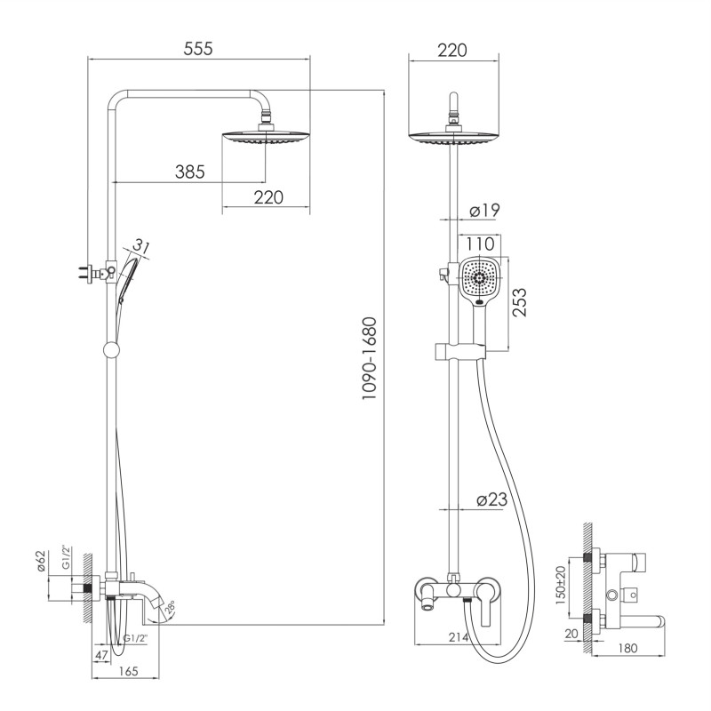 IMPRESE KUCERA система душова (змішувач для ванни, душ 220*220 мм ABS, лійка 3 режими, шланг 1700 мм PVC), хром, (t030B03401SR)