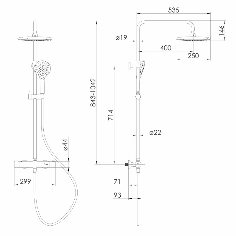 VOLLE SISTEMA D система душова (R, термостат для душа, душ d250 мм, лійка 3 режими, шланг 1500 мм PVC), cromo, (1598.090101)