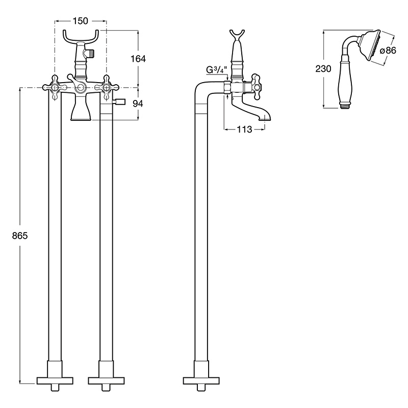 ROCA Carmen смеситель ванна/душ двухвентильный свободностоящий, монтируется на полу, с душевым набором в комплекте, (A5A274BC00)