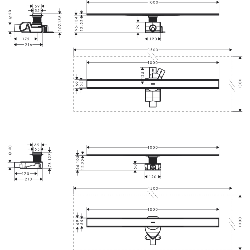 Hansgrohe RAINDRAIN ALLROUNDмонтажный комплект для стандартной/плоскойустановки 1000мм, цвет нержавеющая сталь, (56189800)
