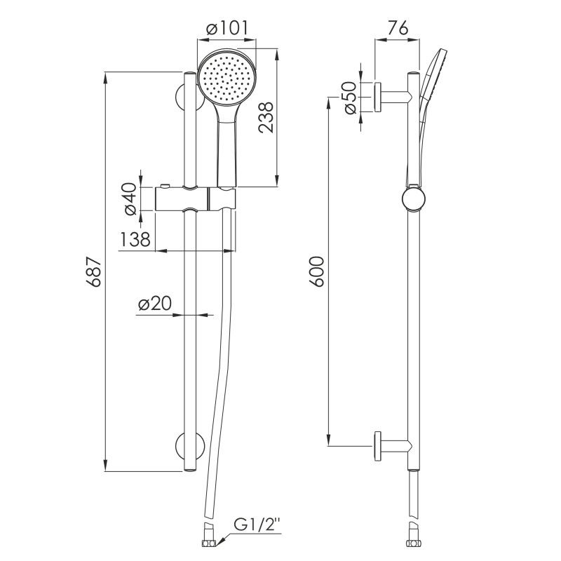 IMPRESE Гарнітур душовий (лійка 1 режим, штанга 687 мм, шланг 1500 мм PVC), брашований нікель, (f03800102AA)