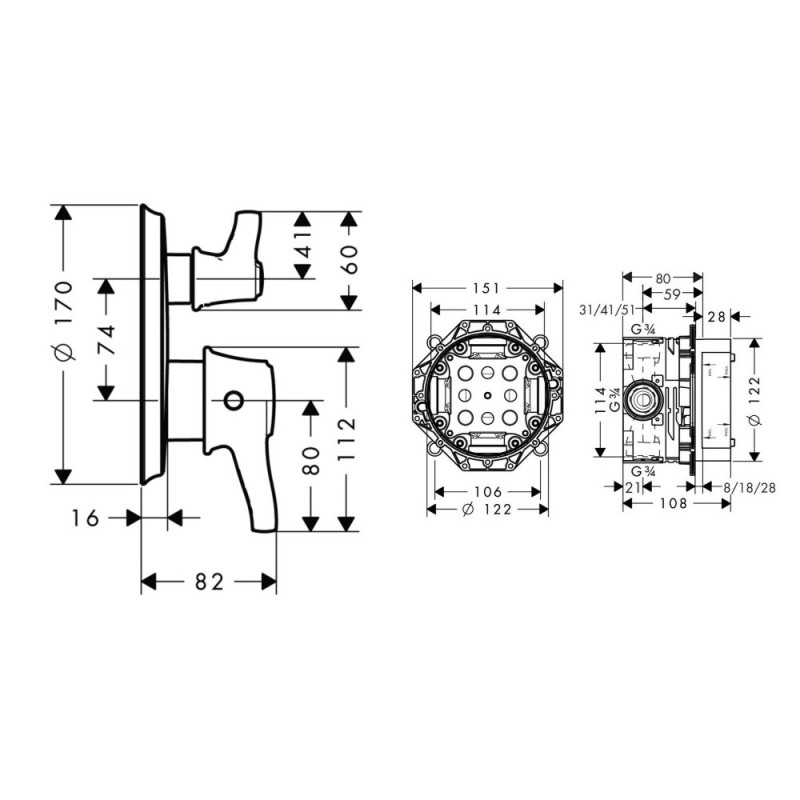 Hansgrohe Ecostat Classic Термостат с запорным/ переключающим вентилем+IBOX universal скрытая часть для смесителя, (15753000+01800180)