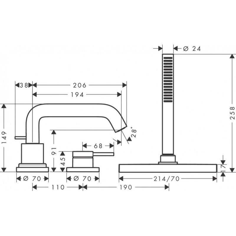 Hansgrohe TECTURIS S змішувач для ванни, врізнийна 3отв, колір чорний матовий, (73447670)