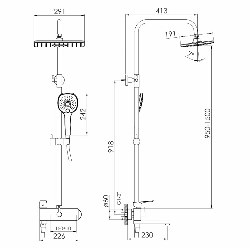 IMPRESE LORETA система душова (змішувач для ванни, душ 290*190 мм, лійка 117 мм 3 режими, шланг 1500 мм PVC), хром, (t03004301SQ)
