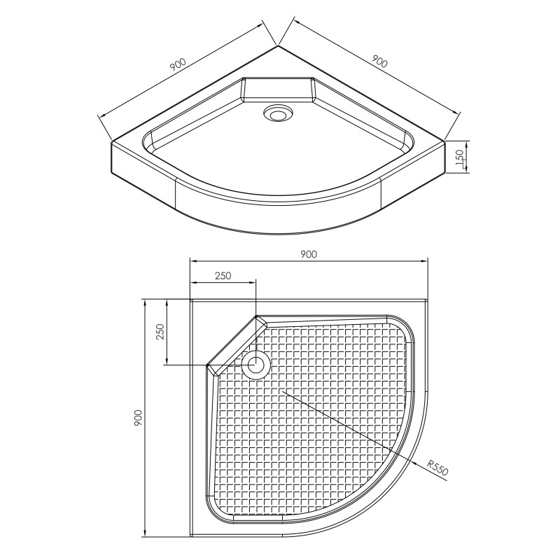 IMPRESE поддон 90*90*15см полукруглый акриловый , в комплекте с сифоном, (s0949090R)