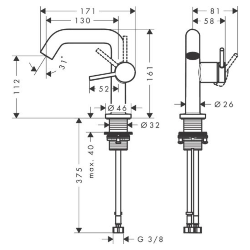 Hansgrohe TECTURIS S смеситель для умывальника 110, однорычажный,CoolStart, push-open, цвет черный матовый, (73320670)