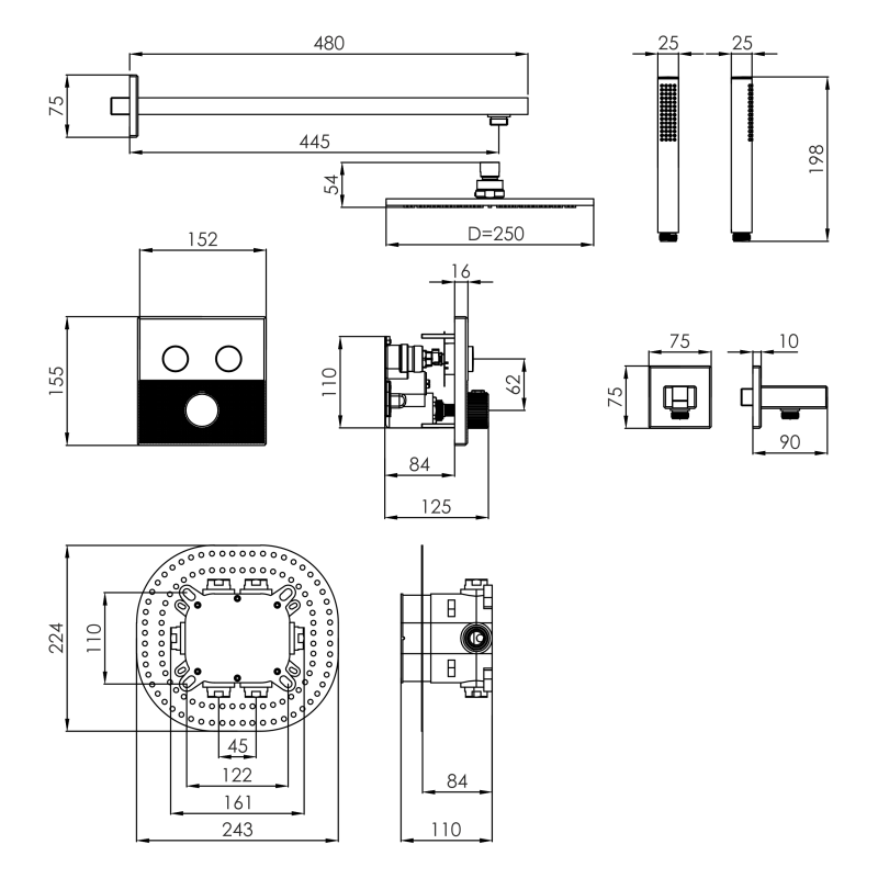 IMPRESE DEIRA система душова прихованого монтажу (термостат 2 функції, душ d250 мм латунь, лійка стік латунь 1 режим, шланг 1500 мм PVC), шампань, (ZMK1124090480)