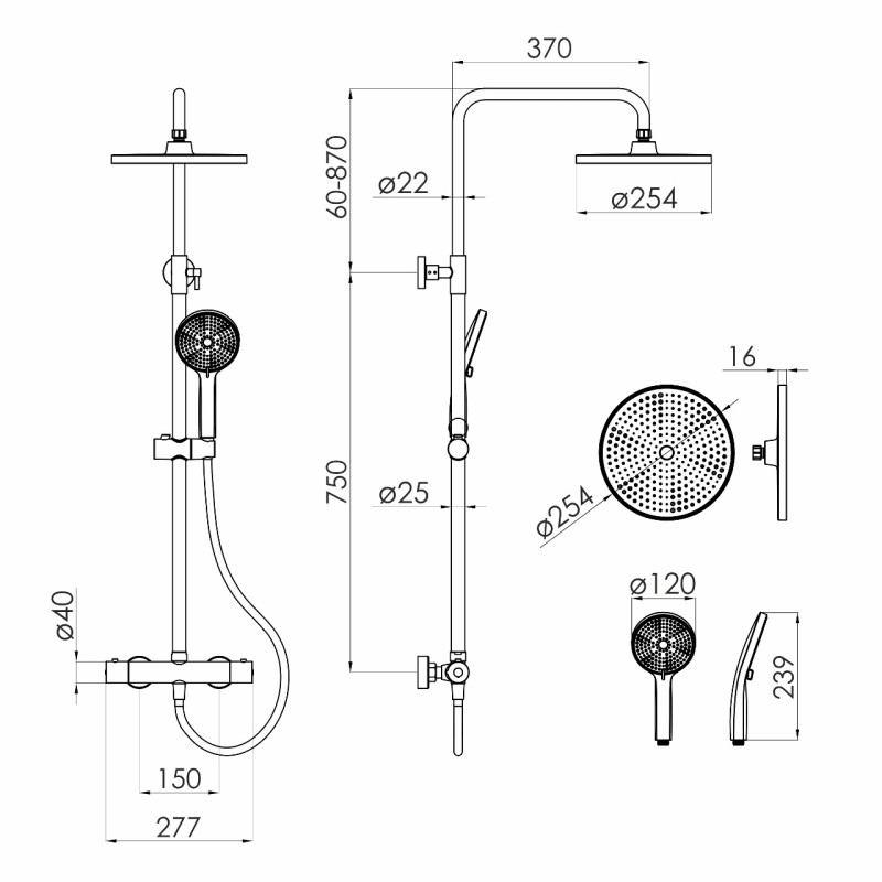 IMPRESE CENTRUM AR система душова (термостат для душу, душ d250 мм ABS, лійка 3 режими, шланг 1700 мм PVC), чорний матовий, (T-15261AR)