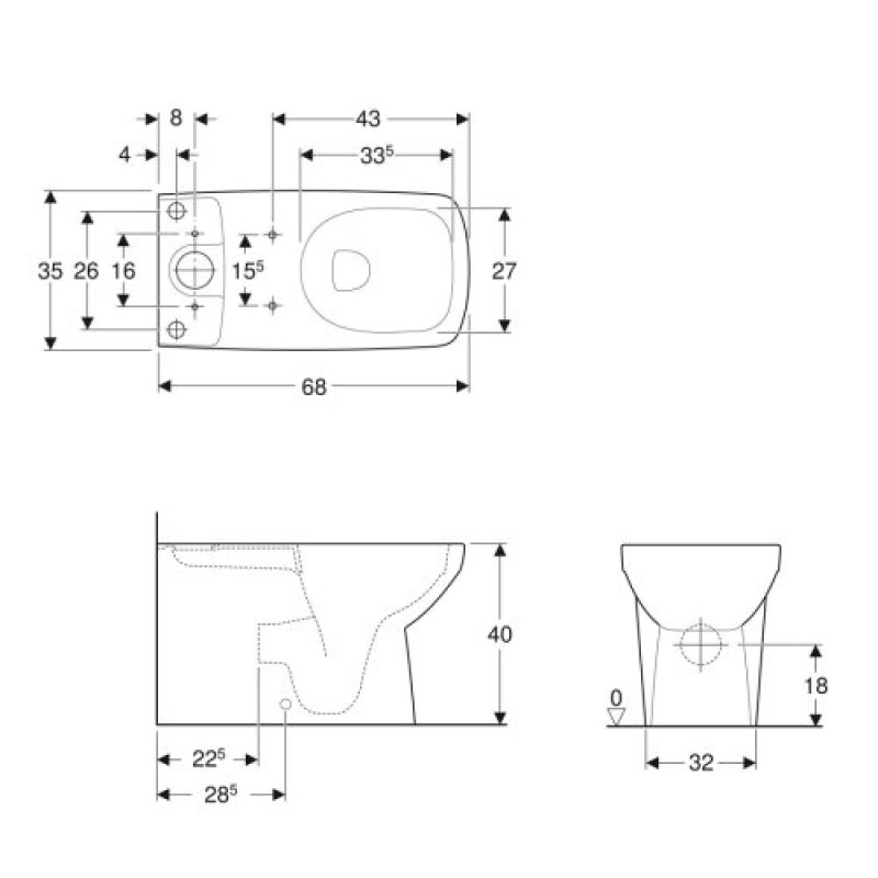 Geberit SELNOVA Square унитаз напольный Rimfree, воронкообразный, приставной к стене, под бачок наружного монтажа, полузакрытая форма, (500.489.01.7)