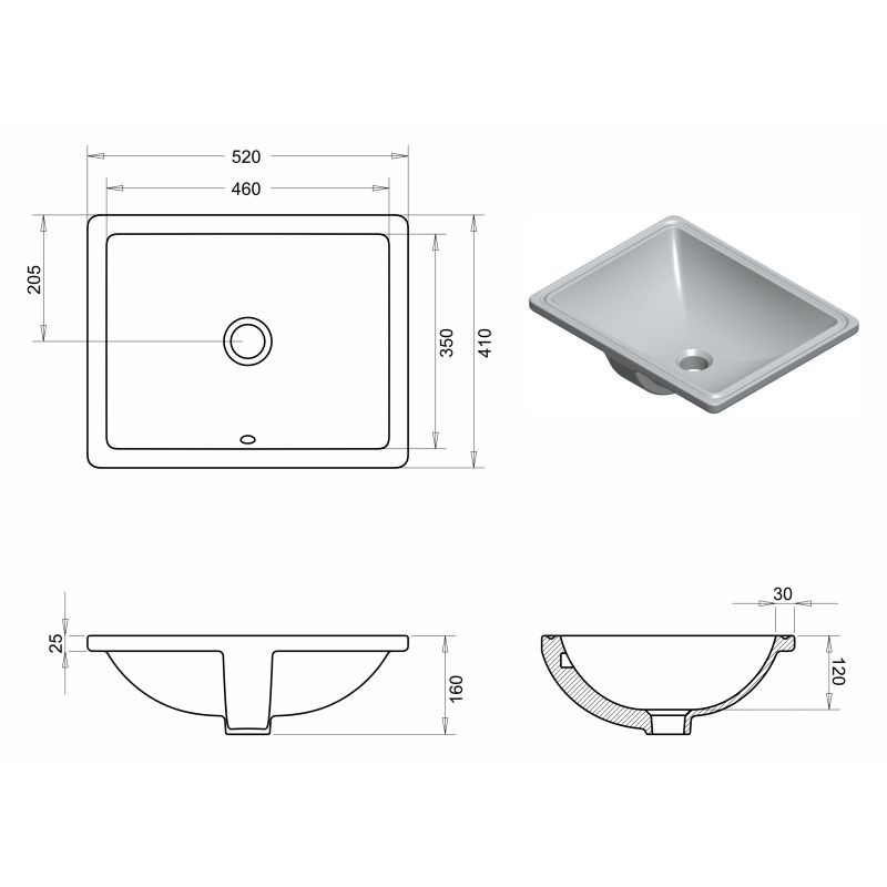IMPRESE Умывальник прямоугольный (41х52х16 см врезной под столешницу) (c06900103SQ)