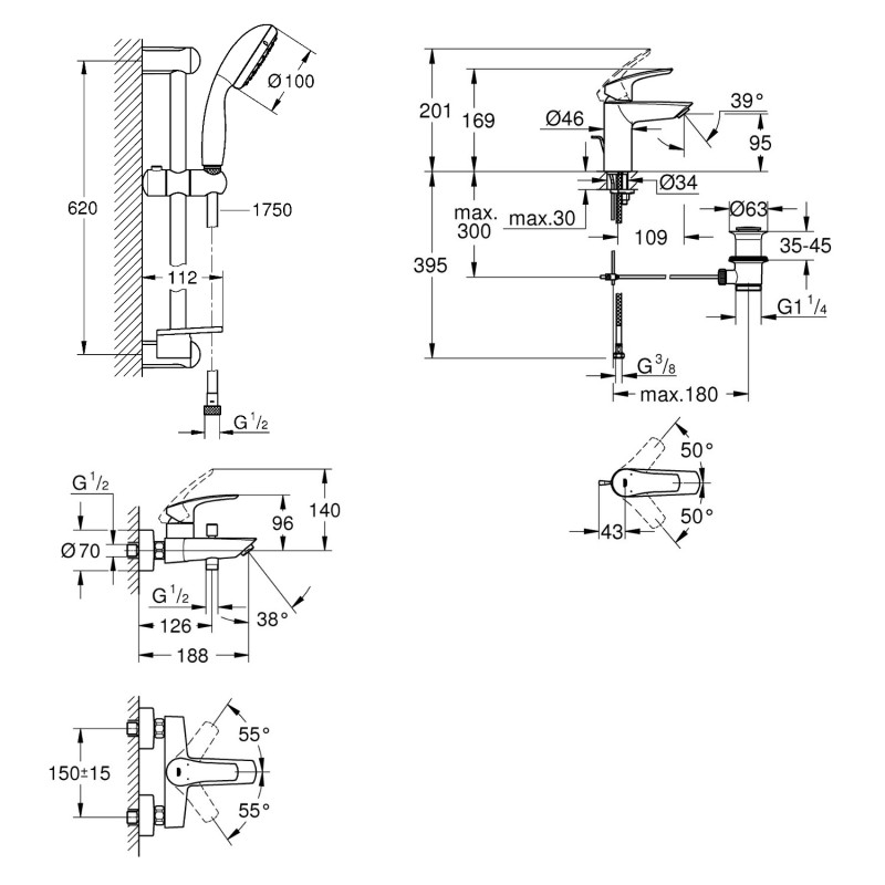 Grohe EUROSMART NEW набір змішувачей для ванни (33265003+33300003+27926001), (UA123238S0)