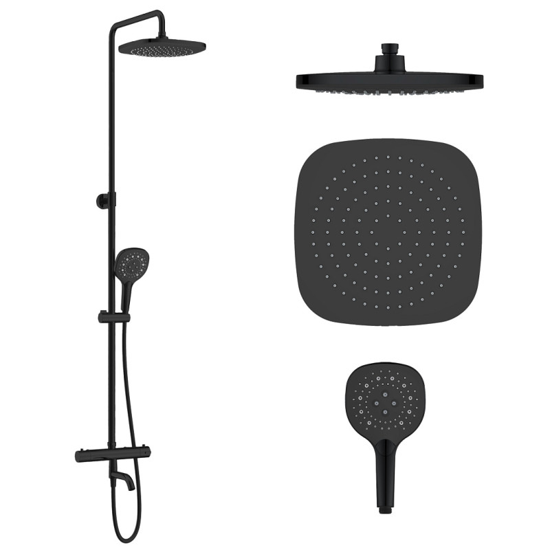 IMPRESE CENTRUM SQ система душова (термостат для ванни, верхній душ 255 мм ABS квадрат, ручний душ 131 мм 3 режими, шланг 170 см), чорний матовий, (T-10262SQ)