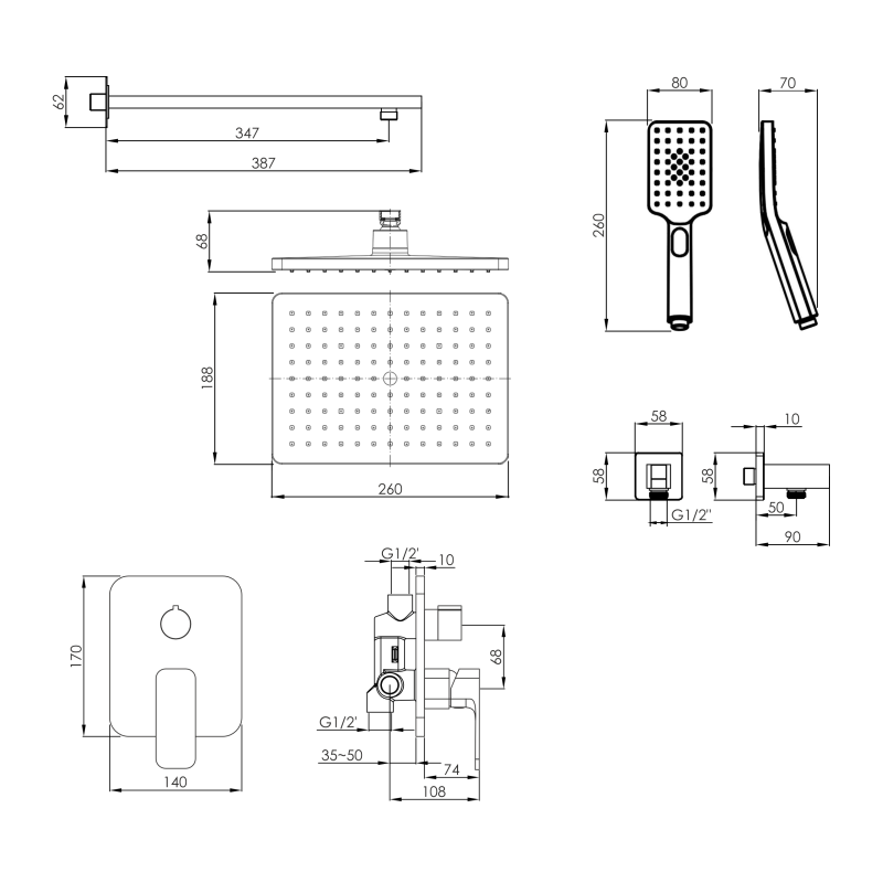 IMPRESE BILOVEC система душова прихованого монтажу (змішувач 2 функції, душ 260*188 мм ABS, лійка 3 режими, шланг 1500 мм PVC), хром, (t03000901SQС)