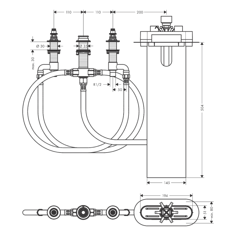 Hansgrohe Прихована частина змішувача на край ванни на 4 отвори, (13440180)