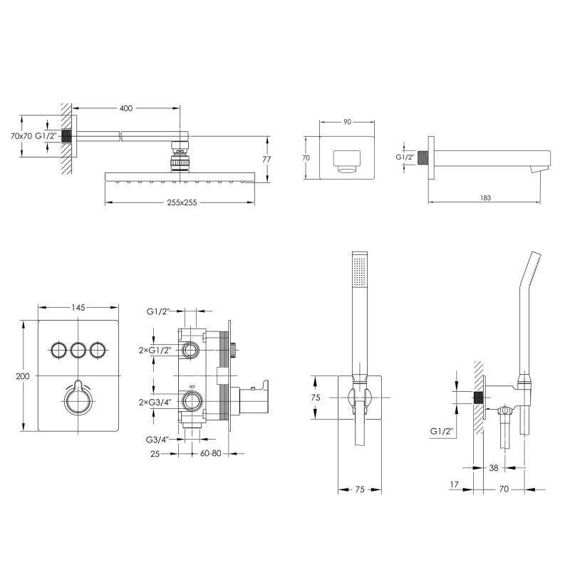 IMPRESE SMART CLICK система душова прихованого монтажу, термостат 3 функції, форма Q (ZMK101901236+ZMK101901223+ZMK101901224+ZMK101901232), чорний, (ZMK101901231)