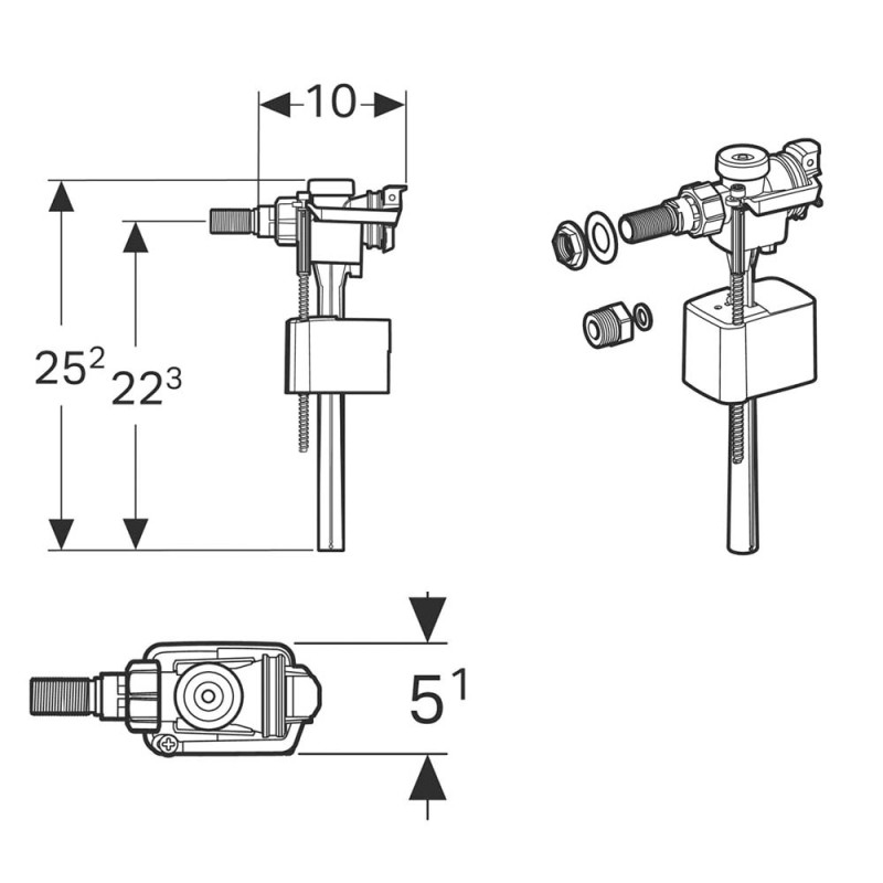 Geberit TYPE 333 впускной клапан, подвод воды сбоку, 3/8" и 1/2", ниппель из латуни, (136.724.00.3)