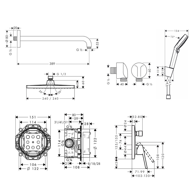 Hansgrohe LOGIS LOOP душовий набiр прихованого монтажу (26726000+27413000+71264000+01800180+26694400+27454000), (1192019)