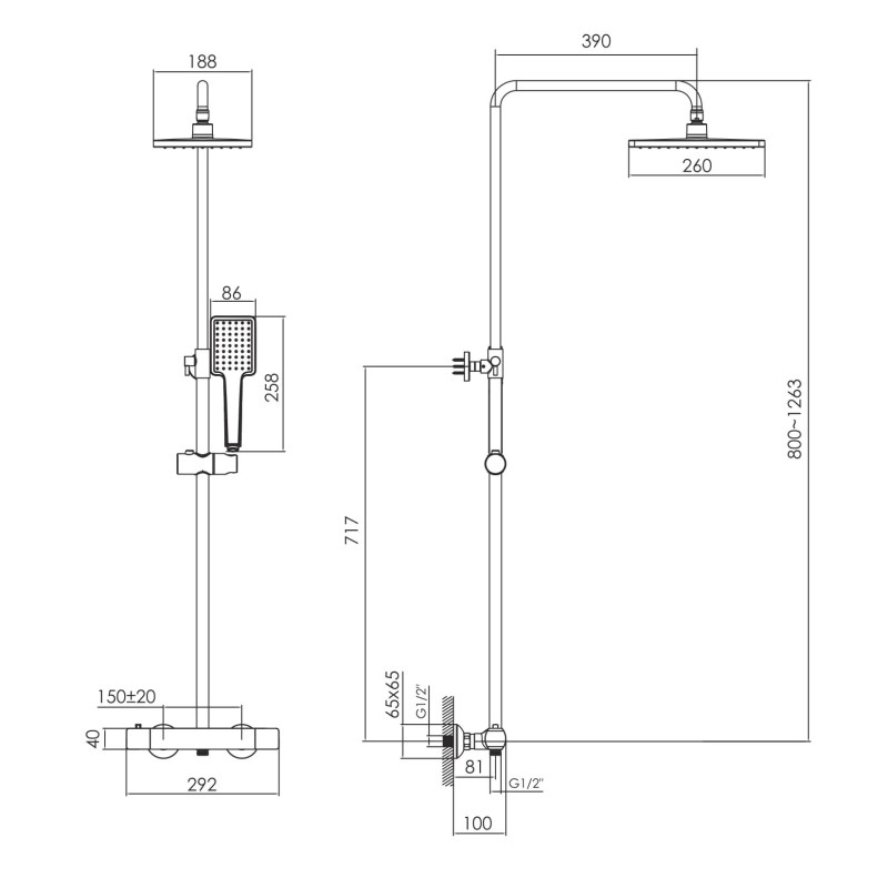 IMPRESE BILOVEC BM система душова (термостат для душа, верхній душ 188*260 мм ABS, ручний душ 86 мм 1 режим, шланг 150 см), чорний матовий, (T-15256)