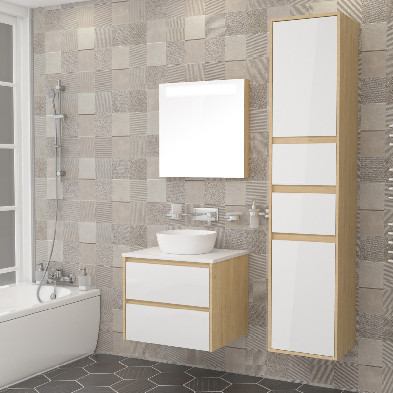 IMPRESE NETKA комплект меблів 60см, колір дуб: тумба підвісна, зі стільницею, 2 ящика + умивальник накладний, (f3201Dr)