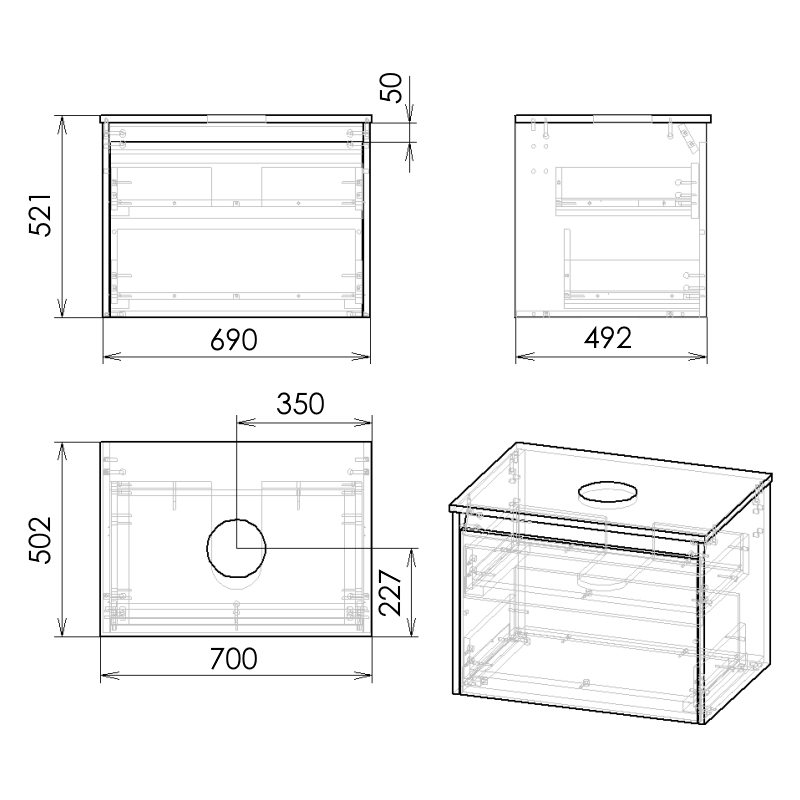 IMPRESE BILOVEC комплект меблів 70см білий: тумба підвісна, зі стільницею, 1 ящик + умивальник накладний, (f3276W)