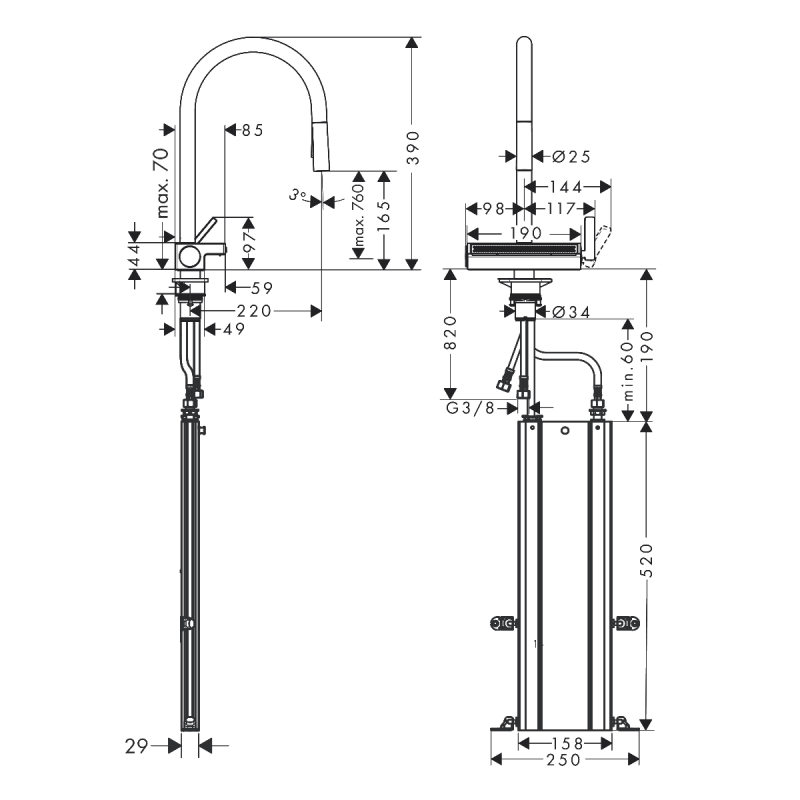 Hansgrohe AQUNO SELECT M81 смеситель для кухни, однорычажный 170, с вытяжным изливом, 3jet, sBox, нержавеющая сталь, (73831800)