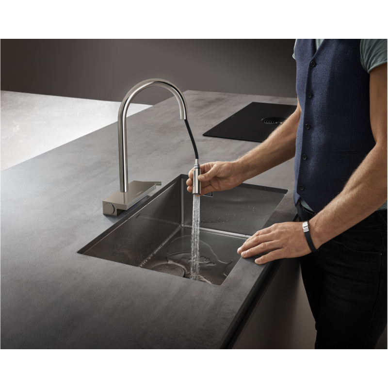 Hansgrohe AQUNO SELECT M81 смеситель для кухни, однорычажный 170, с вытяжным изливом, 3jet, sBox, нержавеющая сталь, (73831800)