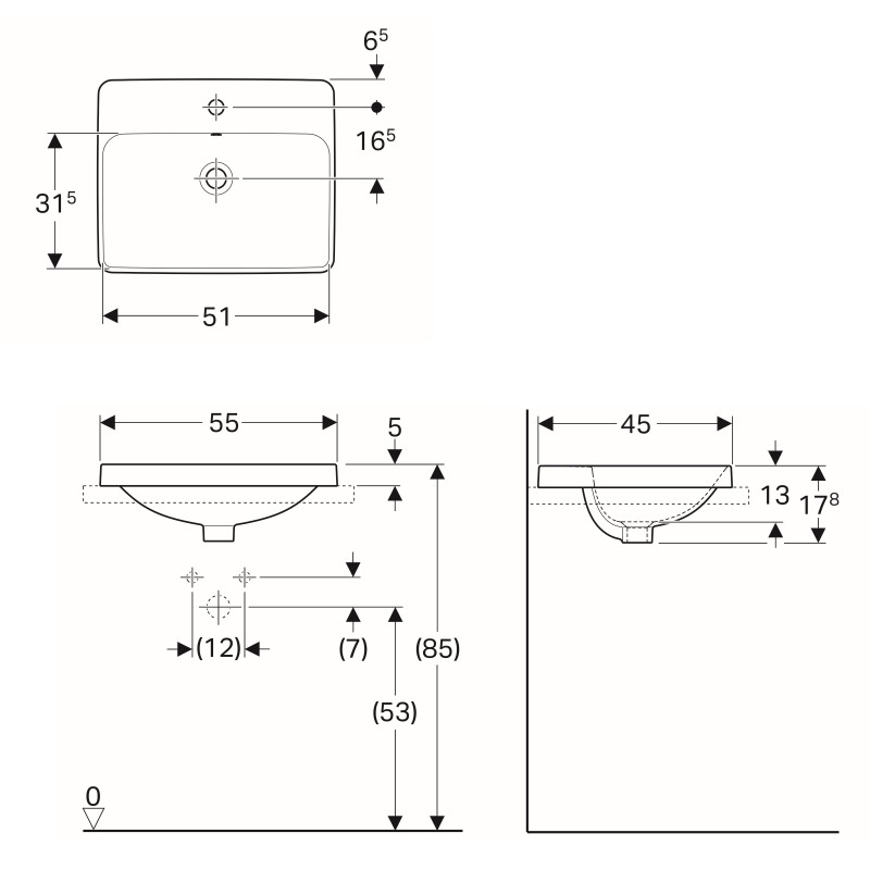 Geberit VARIFORM умывальник встраиваемый, прямоугольной формы, 55*45см, с полкой, отверстием под смеситель, с переливом, глазурованный снизу, (500.741.01.2)
