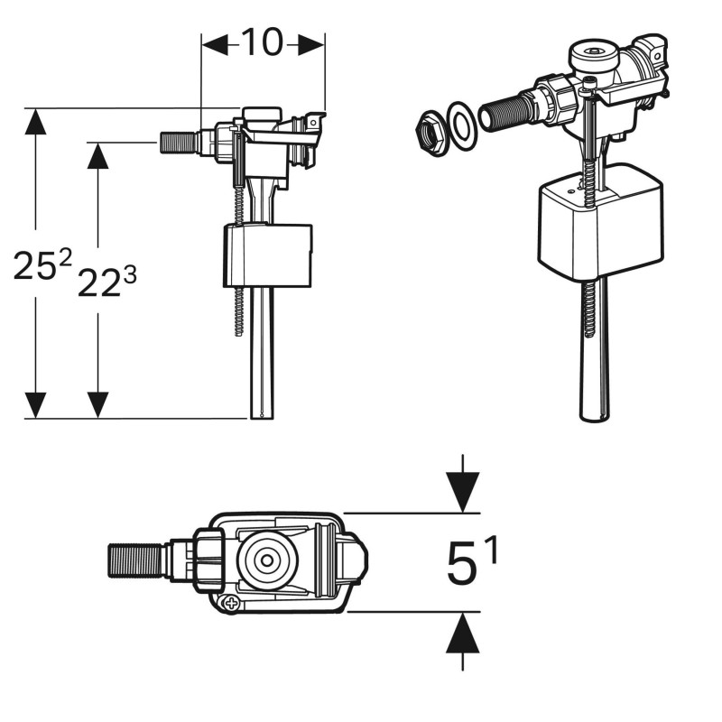 Geberit Тип333 Впускнй клапан, підведення води збоку, 3/8, ніпель з латуні, (136.723.00.3)