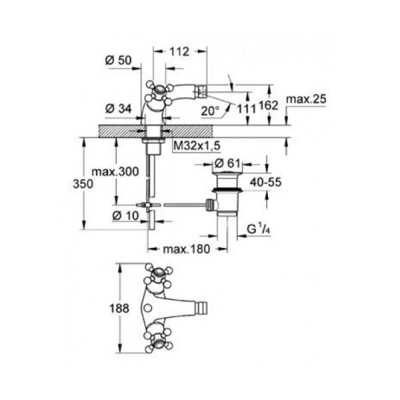 Grohe Sinfonia Смеситель для биде, двухвентильный с гидрозатвором, цв.под золото, (24003IG0)
