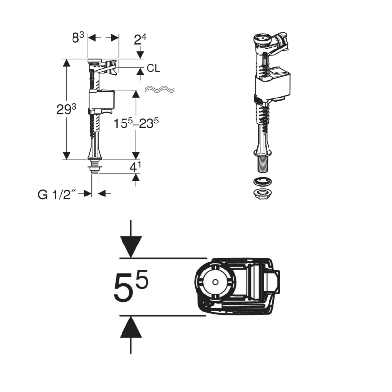 Geberit TYP323 впускний клапан, підведення води знизу, 1/2", ніпель із пластику, (136.752.00.1)