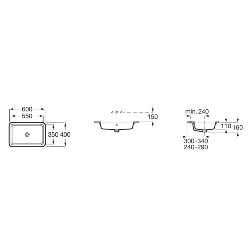 ROCA GAP умивальник, що вбудовується під стільницю, прямокутний 55x35 см, з переливом, без отвору під змішувач, (A3270YF000)
