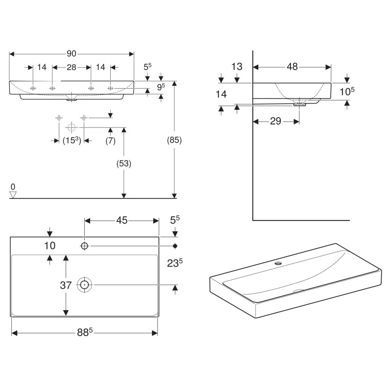 Geberit ONE умивальник 90 см, з отвором для змішувача в центрі, б/переливу, з верт. випуском, білий, (505.020.01.3)