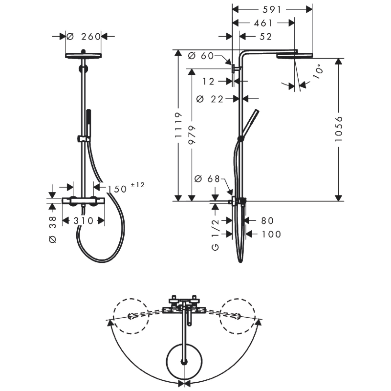 Hansgrohe PULSIFY S PURO Showerpipe душова система 260 з термостатом, колір білий матовий, (24222700)