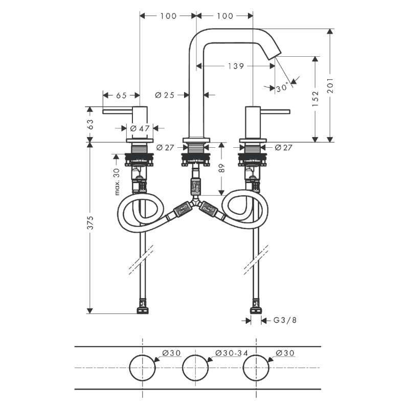 Hansgrohe TECTURIS S змішувач для умивальника на 3 отв зі зливним гарнітуром,колір хром, (73330000)