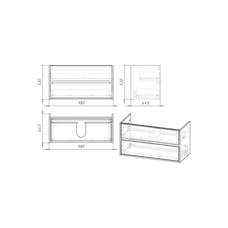 VOLLE TEO комплект мебели 100см белый: тумба подвесная, 2 ящика + умывальник накладной арт 15-88-100, (15-88-102)