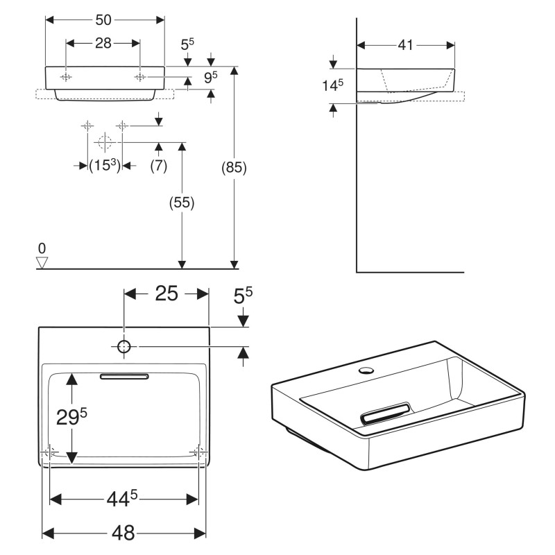 Geberit ONE накладний умивальник 50*41см, з отвором для змішувача в центрі, б/переливу, з гориз. випуском, білий, (505.026.00.1)